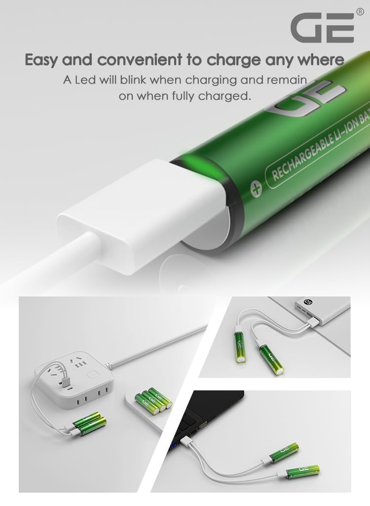 GE® AA AAA Rechargeable Batteries (Lithium 1.5V - 2500 mWh & 600 mWh) - New Launch in 2026 | Fast Charge Mode (Direct USB‑C + Wireless) | Pack of 10 Batteries | 10 Years of Life and 1,500+ recharges