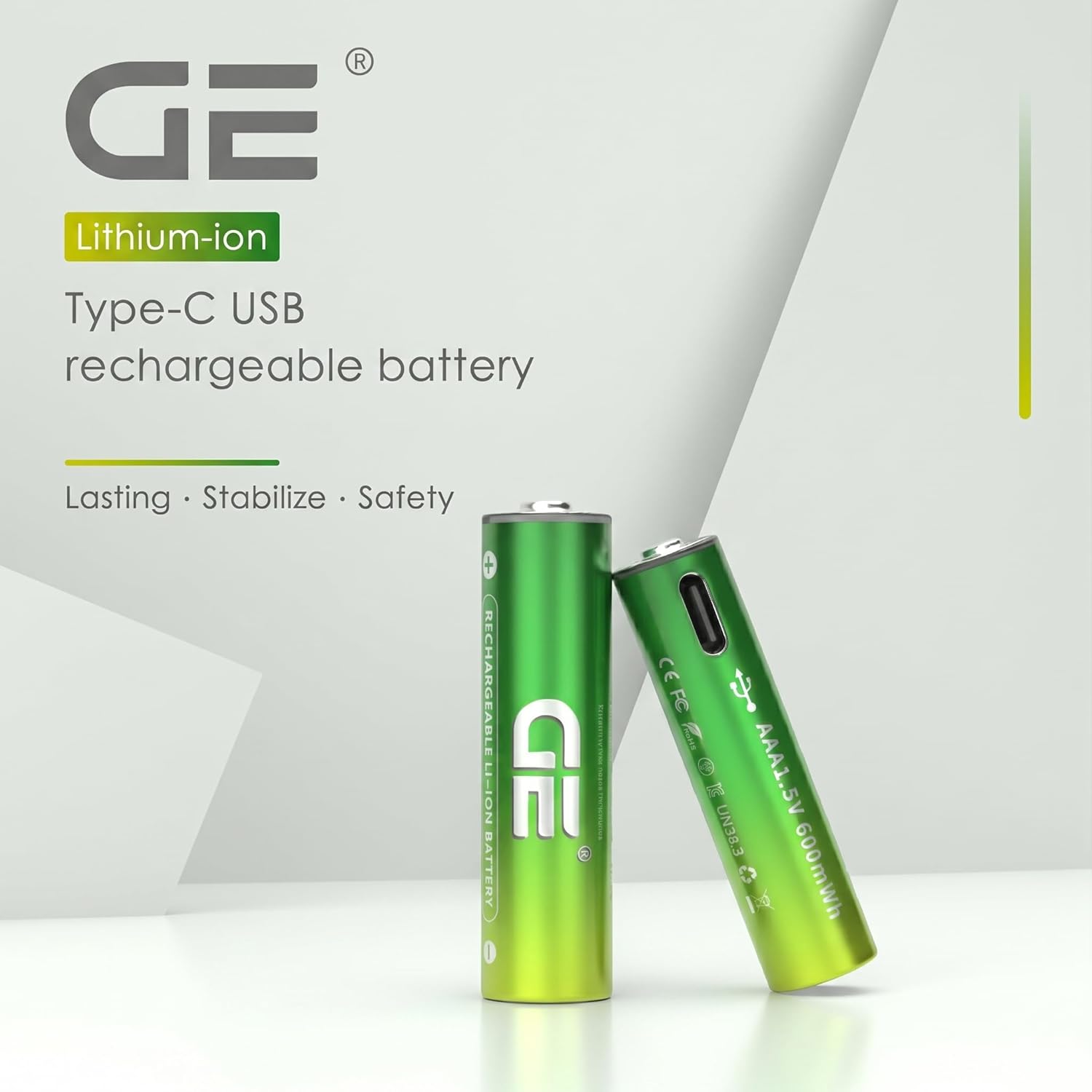 GE® AA AAA Rechargeable Batteries (Lithium 1.5V - 2500 mWh & 600 mWh) - New Launch in 2026 | Fast Charge Mode (Direct USB‑C + Wireless) | Pack of 10 Batteries | 10 Years of Life and 1,500+ recharges