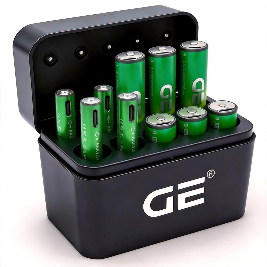 GE® AA AAA Rechargeable Batteries (Lithium 1.5V - 2500 mWh & 600 mWh) - New Launch in 2026 | Fast Charge Mode (Direct USB‑C + Wireless) | Pack of 10 Batteries | 10 Years of Life and 1,500+ recharges