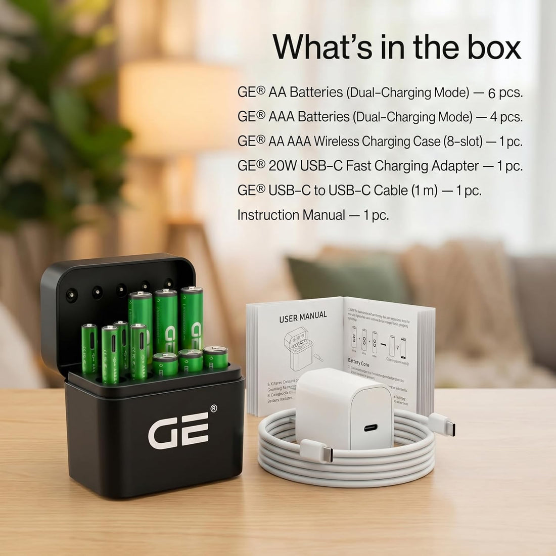 GE® AA AAA Rechargeable Batteries (Lithium 1.5V - 2500 mWh & 600 mWh) - New Launch in 2026 | Fast Charge Mode (Direct USB‑C + Wireless) | Pack of 10 Batteries | 10 Years of Life and 1,500+ recharges