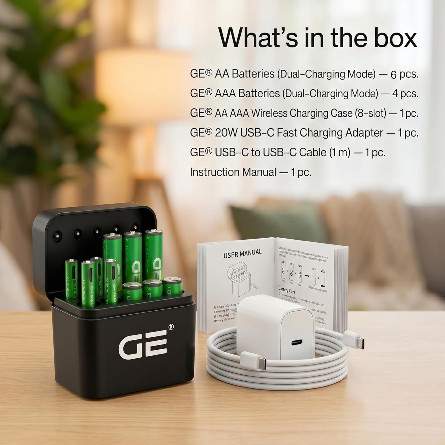 GE® AA AAA Rechargeable Batteries (Lithium 1.5V - 2500 mWh & 600 mWh) - New Launch in 2026 | Fast Charge Mode (Direct USB‑C + Wireless) | Pack of 10 Batteries | 10 Years of Life and 1,500+ recharges