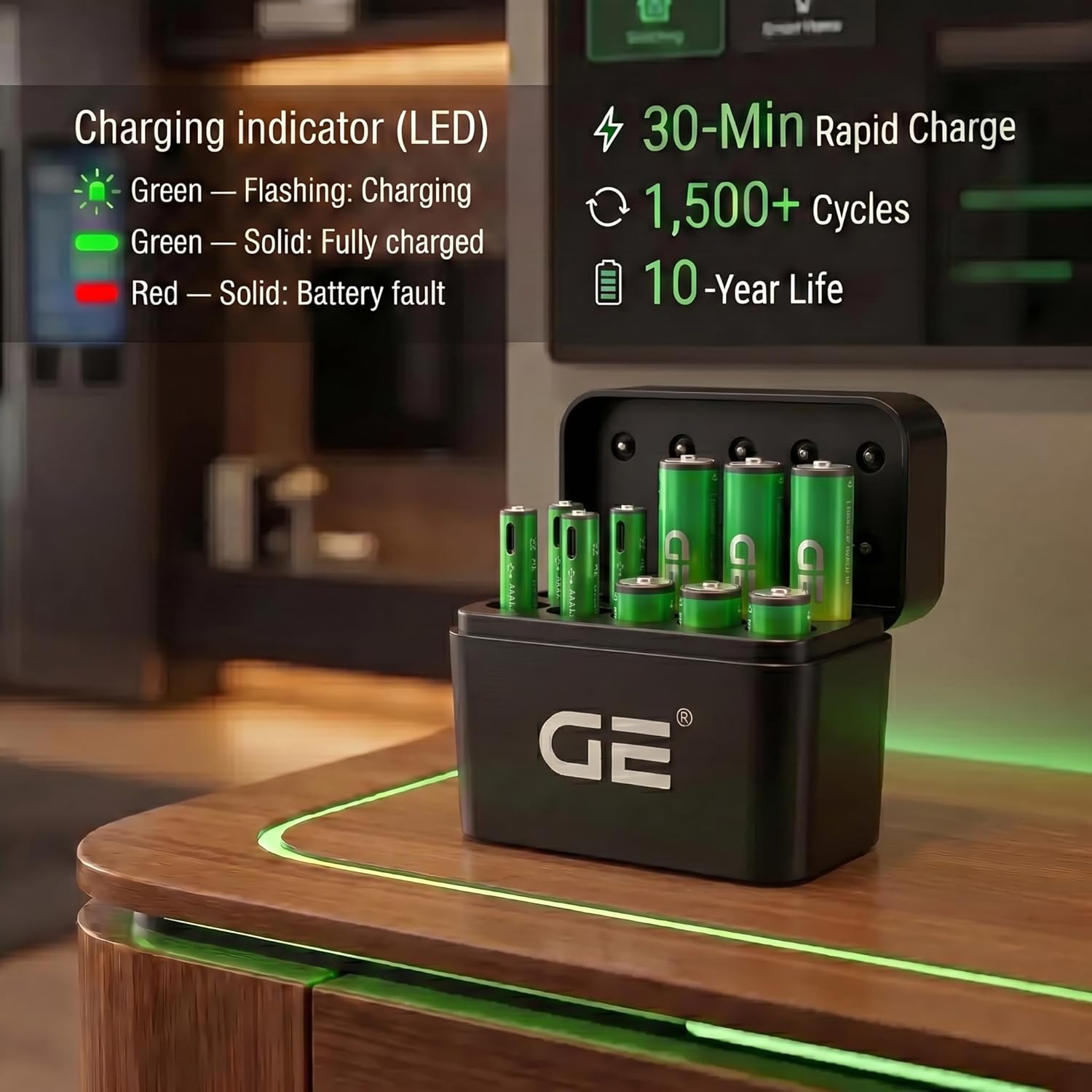 GE® AA AAA Rechargeable Batteries (Lithium 1.5V - 2500 mWh & 600 mWh) - New Launch in 2026 | Fast Charge Mode (Direct USB‑C + Wireless) | Pack of 10 Batteries | 10 Years of Life and 1,500+ recharges