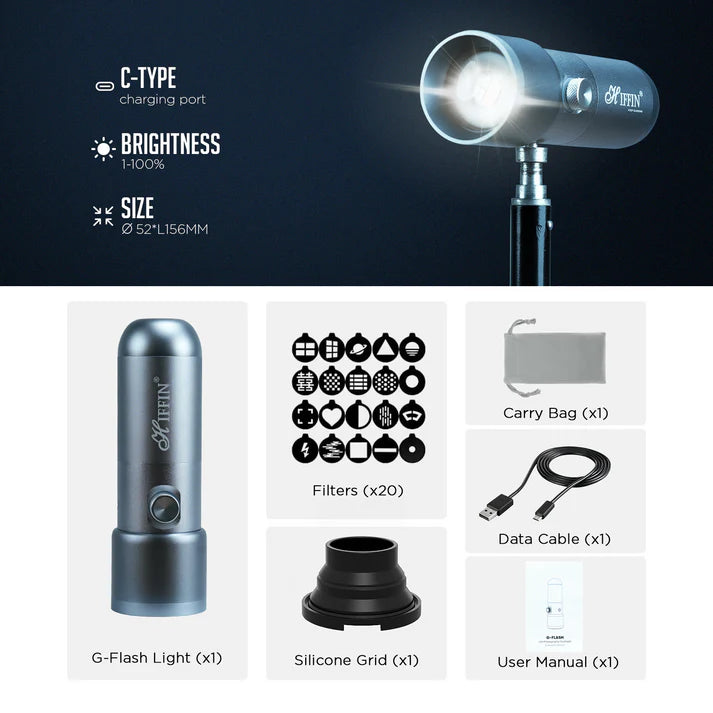 G-Flash 10W RGB LED Light, 7500mAh, 4 Modes, 20 GOBO, USB-C, Dimmable