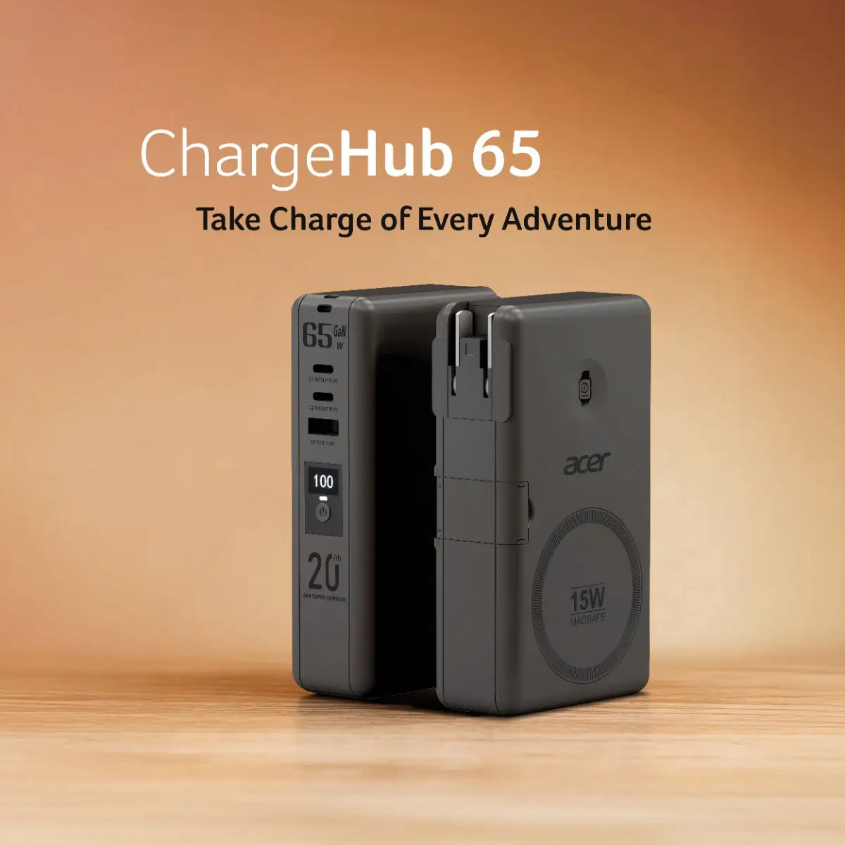 Acer Charge Hub 65 Travel Charger Power Bank 20000mAh | 65W PD GaN Fast Charging | Magnetic Wireless 15W | Watch Charger 2W | Dual USB Type-C + Type-A Ports | Universal AC Plug for Laptop Phone Tablet |Black