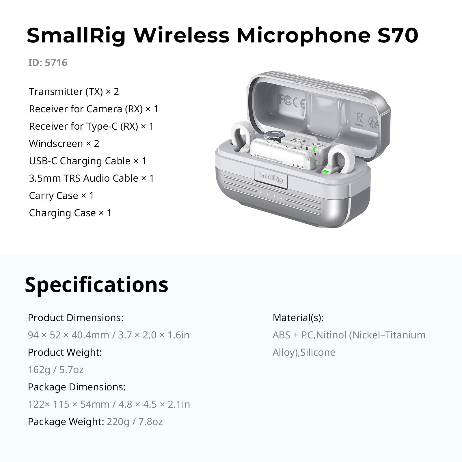 SmallRig S70 Ultra Thin Invisible Wireless Microphone for Vlog, Wedding, Interview